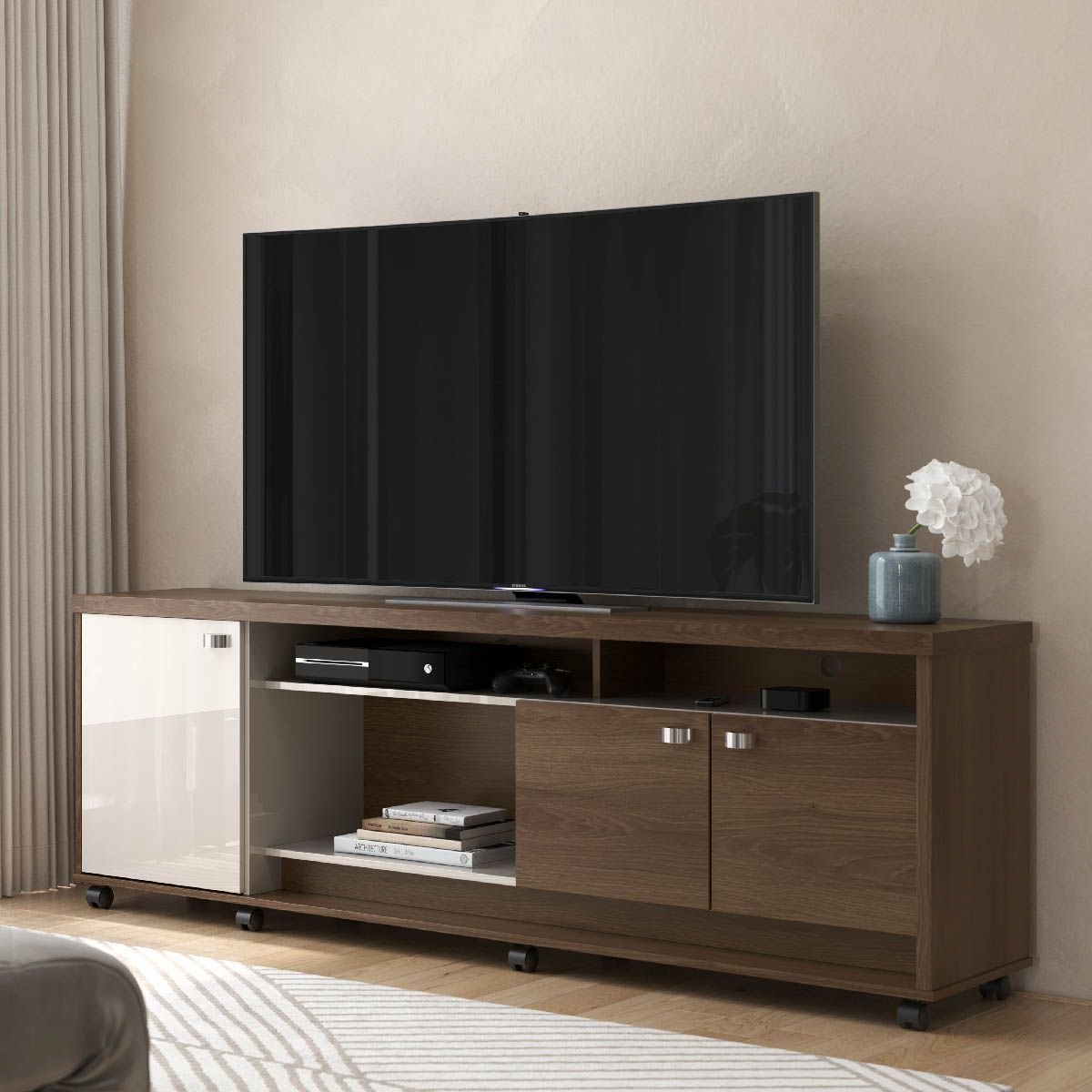 Rack Dallas para Tv até 75 Polegadas com 3 Portas e Rodízios Imbuia/off ...