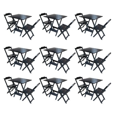 Kit 9 Conjuntos de Mesa Dobravel com 2 Cadeiras de Madeira 70x70 para Restaurante e Bar - Preto
