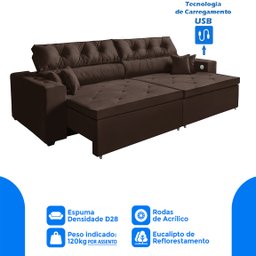 Sofá 5 Lugares Smart 3,02 Metros Marrom Retrátil, Reclinável Tecnologia Carregamento 3 portas USB - 3