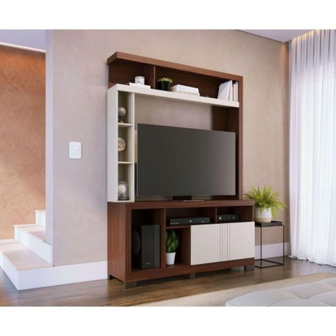 Rack Estante para TV até 50 Polegadas com 2 Portas e Nichos Multimóveis Crcol-RCP029 Nogueira/Off