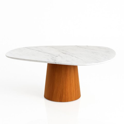 Mesa de Jantar Cone Orgânica 137x90 Cm Mármore Branco Extra e Base Freijó