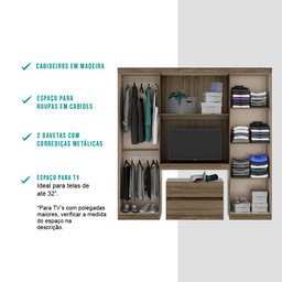 Guarda Roupa Solteiro 6 Portas, 2 Gavetas, Escrivaninha e Gaveteiro Porto Móveis Carraro - 5