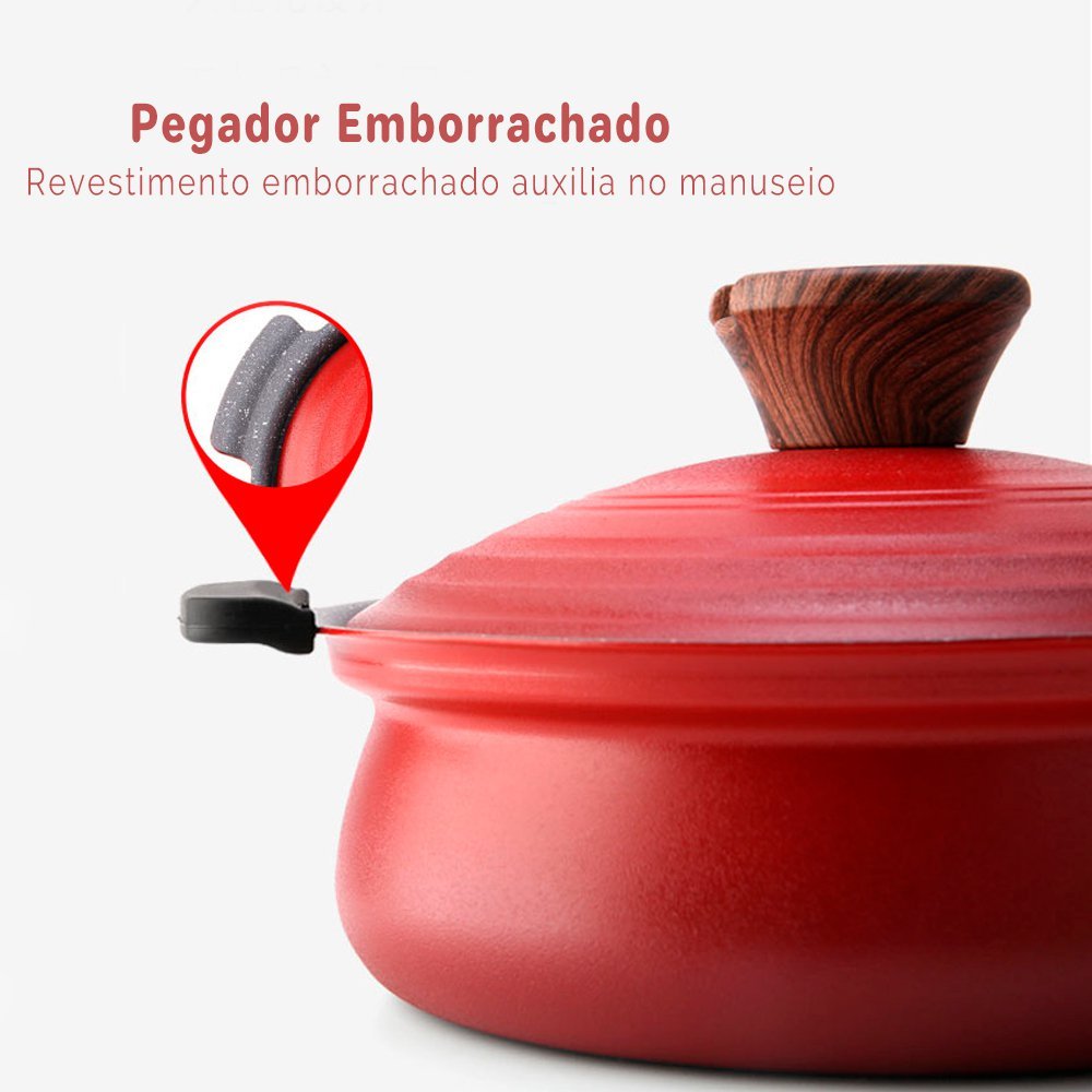 Caçarola Antiaderente Cerâmica Caldeirão 22cm Vermelho Tampa - 5