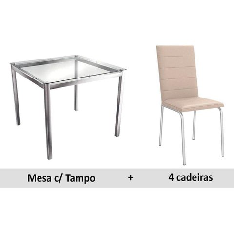 Sala de Jantar Completa Reno c/ Tampo Vidro 90cm + 4 Cadeiras Amsterdã Cromado/Courano Nude - Kappes