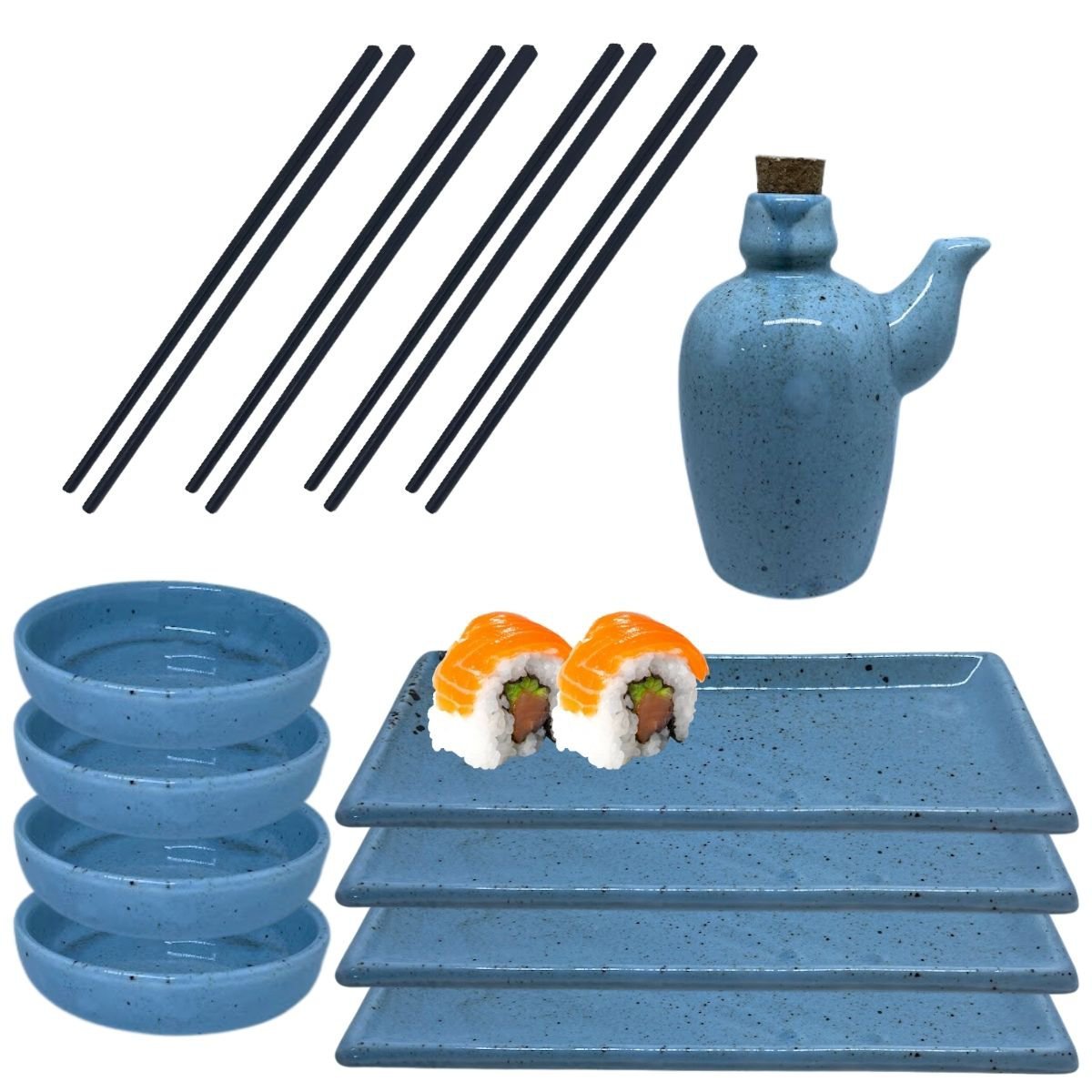 Kit Sushi Comida Japonesa Porcelana 4 Pessoas Azul Mesclado 9 peças + Hashi Molheira 110mL Prattos - 1