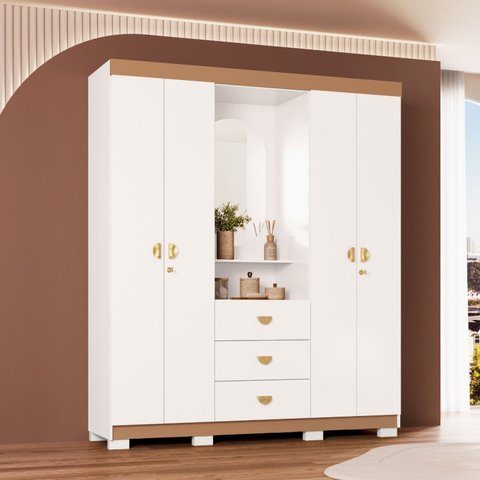 Guarda-Roupa Casal Capelinha 4 Portas 3 Gavetas Espelho Aurora Branco Camarim