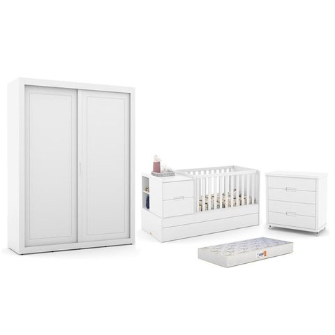 Dormitório Completo Infantil Tutto New 2 Portas de Correr, Cômoda 4 Gavetas, Berço Formare e Colchão