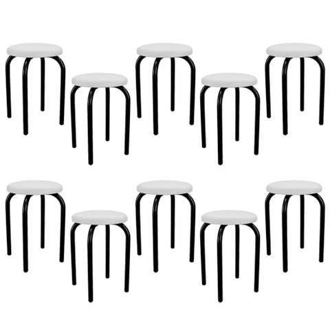 Kit 10 Banquetas Baixas Empilháveis em Aço Maviê Sintético Branco/Preto - Mpozenato