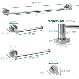 Jogo de Acessórios para Banheiro Kit Porta Toalha Aço Inox 4 Peças Papeleira Cabide Suporte - 4