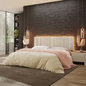 Cabeceira Estofada Cama Casal King Size com Led Moderna 200 Cm: Bouclé Bege
