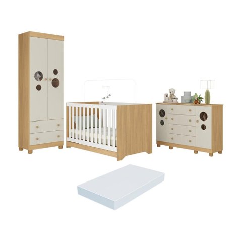 Quarto de Bebê Completo Berço Americano 3x1 Colchão Bombom Multimóveis Mp4642 Madeirado/off