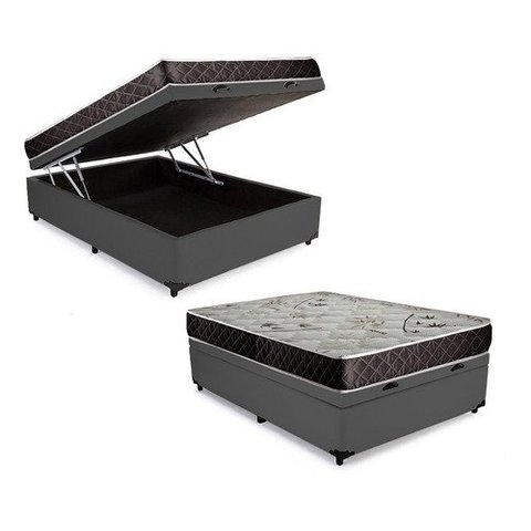 Cama Box Baú Casal Conforto Sintético Cinza + Colchão Casal Conforto Espuma D33 com Eps 24x138x188
