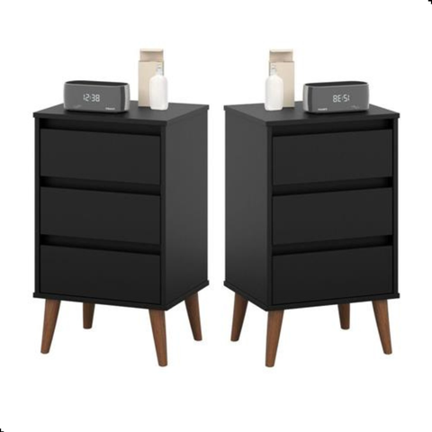 Kit Mesa de Cabeceira Pés Retrô 3 Gavetas Wood - Ej Móveis Cor Preto