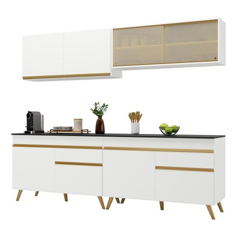 Armário de Cozinha Compacta 240cm Veneza Multimóveis V3696 Branco/Dourado