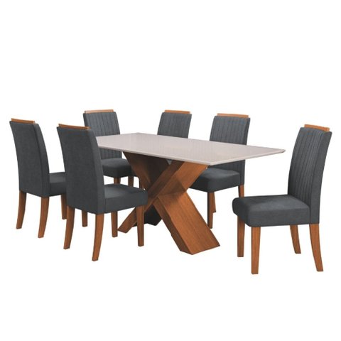 Conjunto de Mesa Sala de Jantar Tampo com Vidro 1,60m 6 Cadeiras Grécia Dobuê