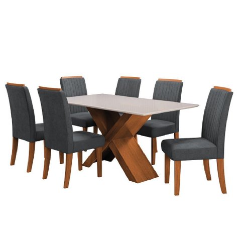 Conjunto de Mesa Sala de Jantar Tampo com Vidro 1,60m 6 Cadeiras Grécia Dobuê