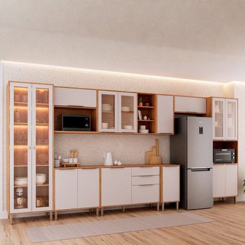 Cozinha Modulada 9PEÇAS Brilhante 1 Cristaleira 3 Balcões 4 Armários Aéreo 1 Torre Cinamomo/Offwhite