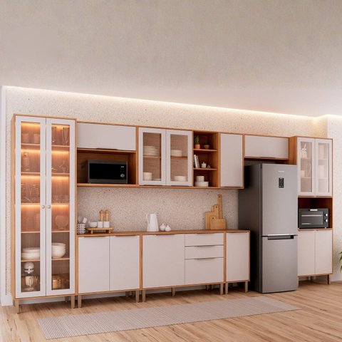 Cozinha Modulada 9 Peças Brilhante com 1 Cristaleira 3 Balcões 4 Armários Aéreo e 1 Torre Bege/Cinamomo/Off White