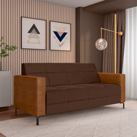 Sofá Living Decorativo Houston 2 Lugares 200cm Pés em Metal Veludo/ Pu Marrom/ Caramelo G33 - Gran B