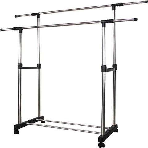 Cabideiro Duplo Arara Guarda Roupas Grande Inox Sapateira Caixas Regulavel Cromado Rodinhas Yeet