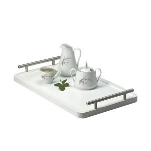 Bandeja Decorativa Cantinho do Café Servir Alças Bar 46x26:aço Escovado/branco