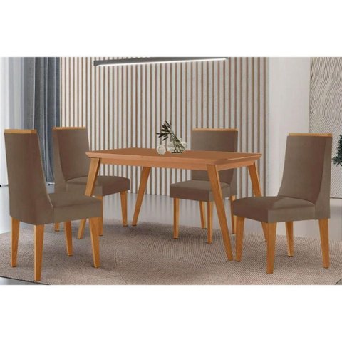 Conjunto: Mesa Sala Jantar Havana Tampo Curvo 120cm+4 Cadeiras Dakota Madeira Naturale - Capuccino/