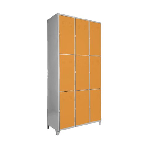 Armário Roupeiro de Aço Vestiário Academia 9 Portas Laranja com Chave