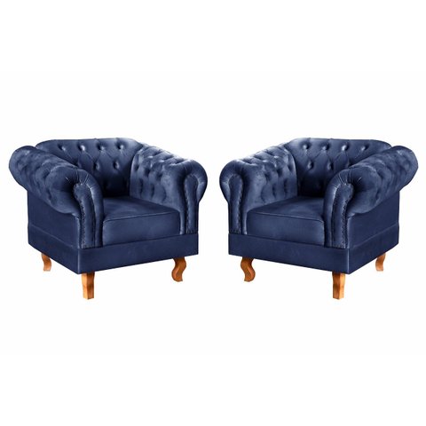 Kit 2 Poltronas Decorativas Capitonê Chesterfield Dom Pedro - Suede Azul Marinho
