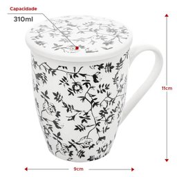 Caneca de Porcelana com Tampa e Filtro Lyor Xícara de Chá 310ml Super White Tiny Flowers - 4