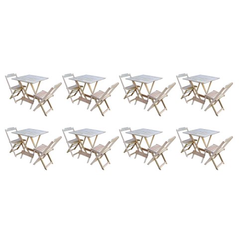 Kit 8 Jogos de Mesa Dobrável com 2 Cadeiras de Madeira 70x70 - sem Pintura