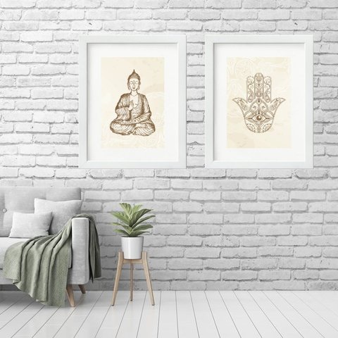 Kit 2 Quadros Grandes Buda Hamsa - 60x48cm:madeira Preta