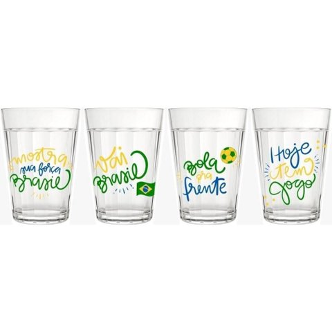 Kit 4 Copos Americanos Torcida Brasil Futebol 190ml Jogo de Copos Temáticos Decoração Mesa Posta