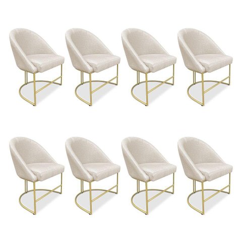 Kit 08 Cadeiras Poltrona de Jantar Bela Linho Bege Base Metálica Industrial Dourado - Pallazio
