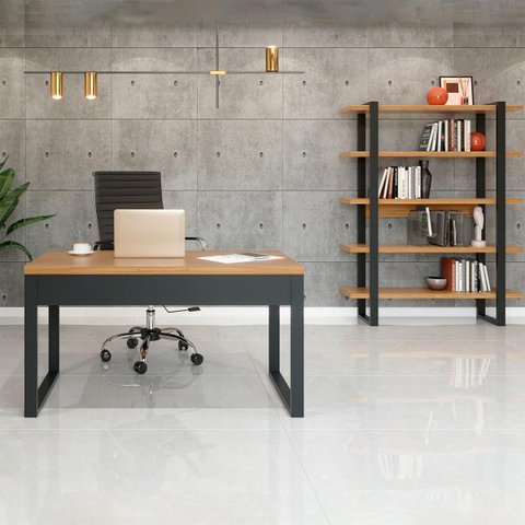 Mesa Escrivaninha e Estante Industrial Dalla Costa 100% Mdf Cor:freijó com Preto Fosco