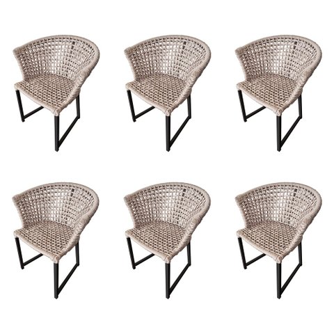 Kit 6 Cadeiras de Jantar Corda Naútica Salinas Area Externa Base Alumínio Preto - Champanhe