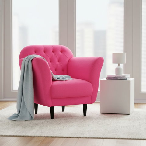 Poltrona Decorativa Dália Couro Rosa Pink Pés Madeira Mz Decor