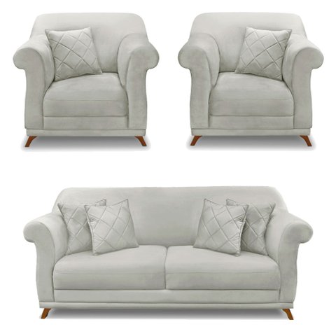 Kit 2 Poltronas e Sofá Living 2 Lugares 1,80m Vênus Veludo Cinza Prata Pés Castanho - Pallazio