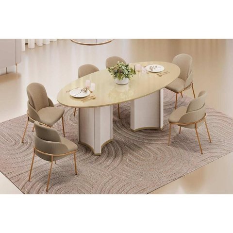 Sala de Jantar Completa Liz C/ Tampo Madeirado C/ Vidro Oval 218x108cm e 8 Cadeiras Vitta Off White/