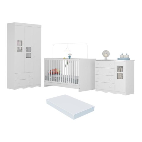 Quarto de Bebê Completo com Berço 3 em 1 com Colchão Incluso Serena Multimóveis Mp4543 Branco