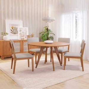 Conjunto de Mesa Redonda 1,09 e 4 Cadeiras Madeira/linho Cinza