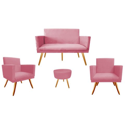 Kit Namoradeira + 2 Poltronas Decorativa Nina + Puff Redondo Suede Rosa Pés Madeira Ms Decor