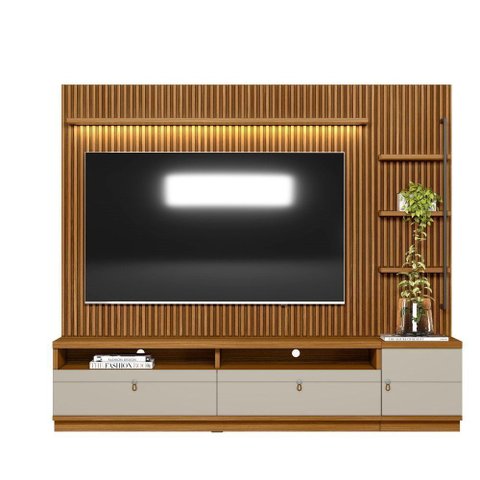 Rack com Painel Ripado 1 Módulo Lateral Ouro Preto Linea Brasil Nature/off White