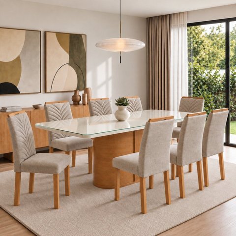 Conjunto Sala de Jantar 8 Lugares Retangular Tampo Vidro/MDF 200x90cm Mesa Diana e Cadeiras Carol