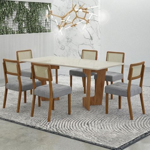 Mesa de Jantar Liz 180x90cm Vidro 25 mm Cinamomo Off White com Kit 6 Cadeiras Linho Prata -Valdemóve