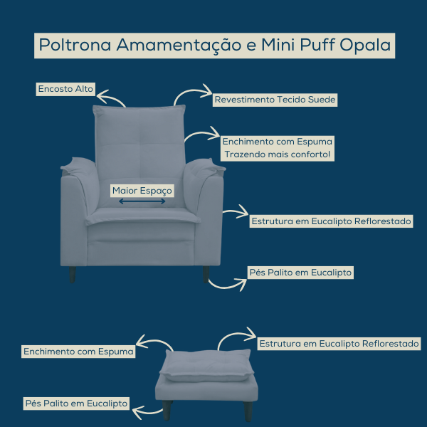 Poltrona Amamentação e Mini Puff Opala Suede Bege Pés Palito - 2