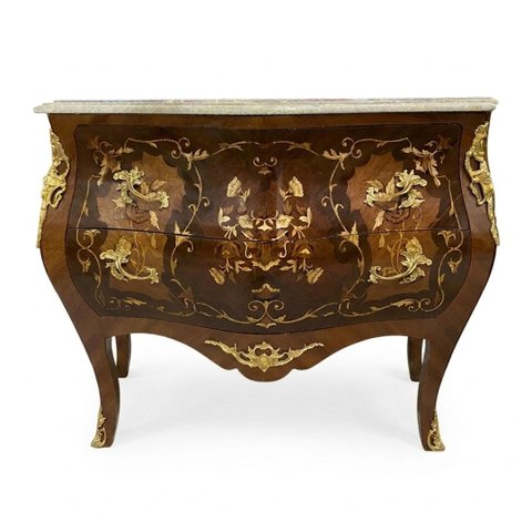 Cômoda Clássica Marchetada com 2 Gavetas e Tampo em Mármore - 86x118x58cm