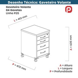 Gaveteiro Volante 4 Gavetas Pandin com Chaves Tampo e Frente Gavetas Mdp Branco Estrutura Aço Branco - 4