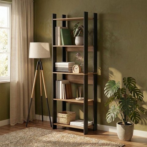 Estante para Livros/Home Office 63x178cm com 5 Prateleiras Mel/Preto BE23