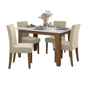 Conjunto de Mesa Sala de Jantar Miami com 4 Cadeiras Trieste Suede 1,20m Cedro / Off White / Areia