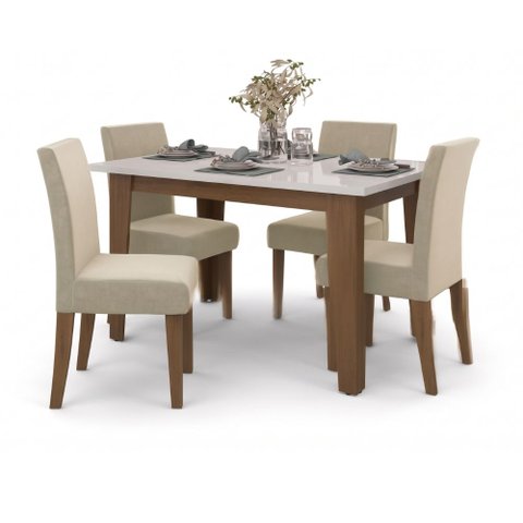 Conjunto de Mesa Sala de Jantar Miami com 4 Cadeiras Trieste Suede 1,20m Cedro / Off White / Areia